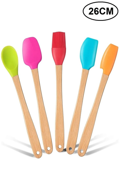 Isıya Dayanıklı Yanmaz 5 Li Renkli Bambu Silikon Spatula Seti 26cm