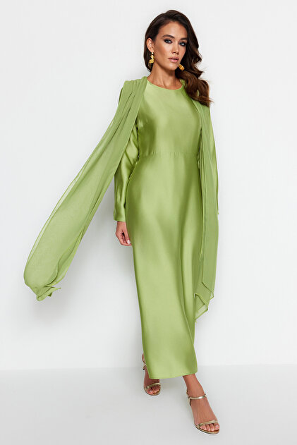 Trendyol Modest Green Flight Flight Satin Evening Dress TCTAW24DB00008-  Trendyol