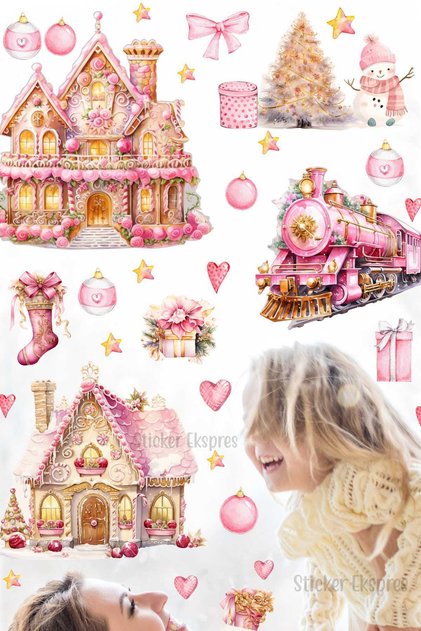 Pink Gold Christmas New Year Glass Door Wall Sticker Set