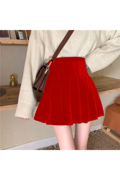 Red High Waist Pleated Autumn And Winter Velvet Skirt