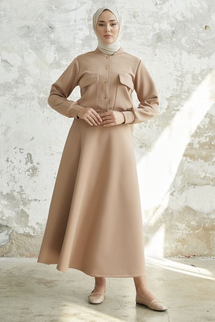 Mileya Scuba Suit with Flap Pocket and Skirt - Beige