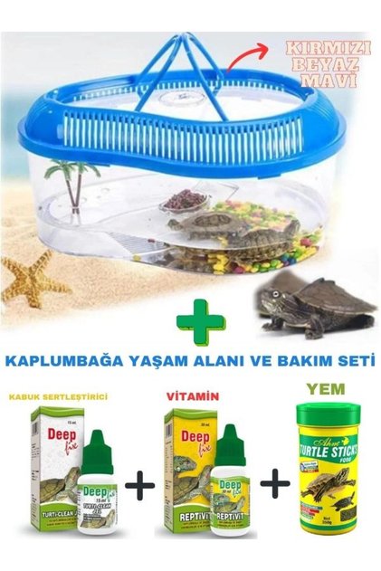 Taşınabilir Kaplumbağa Yaşam Alanı Ve Bakım Seti (Yaşam alanı+Yem+2 İlaç+) Komple Set