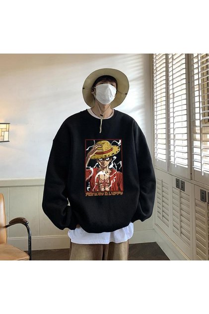 One Piece Monkey D Luffy Printed Black Unisex Oversize Crew Neck Sweatshirt
