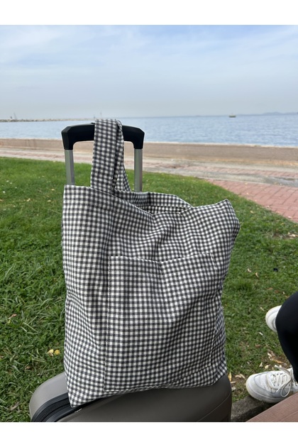 Gray Gingham Eco-Friendly Cloth Bag, Linen Arm and Shoulder Bag with Pocket, Unisex Shopping Bag