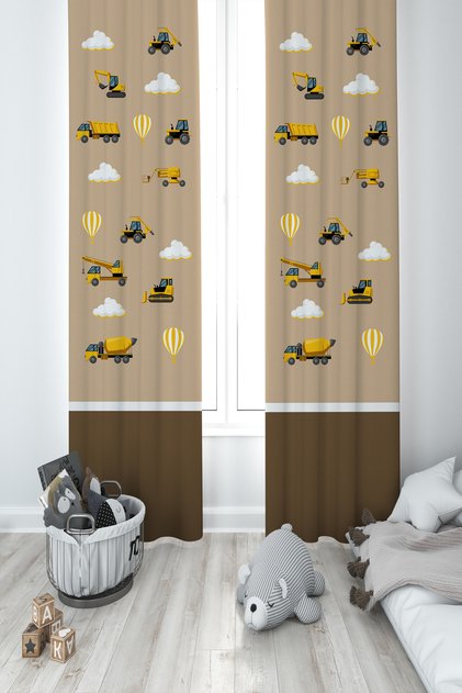 BABY AND KIDS ROOM Business Machine Brown Road Patterned 2 Wing Background Curtain