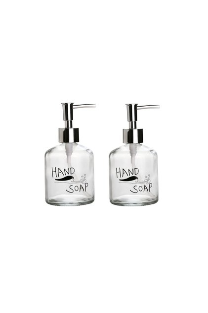 BATHROOM SET GLASS LIQUID SOAP DISH 2 PIECES, HAND SOAP WITH WRITTEN 300ML 7,6X15,5CM
