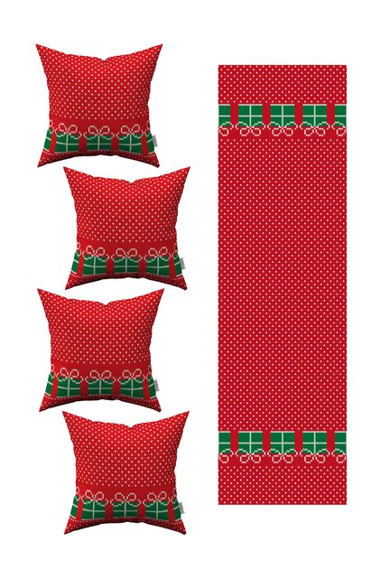 Red New Year Themed 4-Piece Throw Pillow Cover 1 Runner Set 4Kmbs-Rs-Cgh225