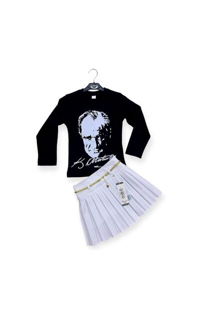 GIRL LONG SLEEVE ATATURK PRINTED T-SHIRT - PLEATED SKIRT, TOP AND BOTTOM SET