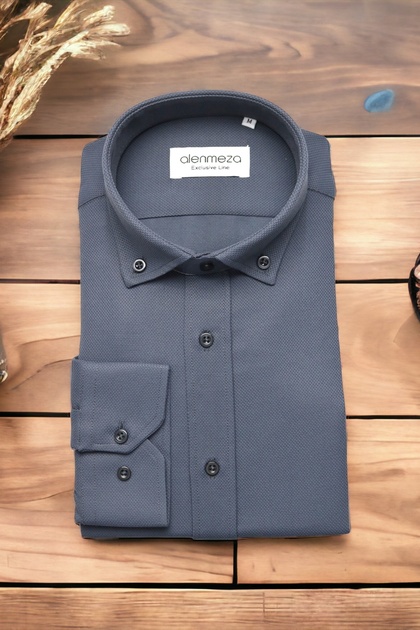 Erkek Gri Dobby Armür Dokuma Düğmeli Yaka Casual Modern Fit Kolay Ütülenebilir Cepsiz Gömlek