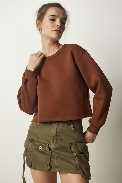 Women's Brown Crew Neck Raised Crop Knitted Sweatshirt BF00085