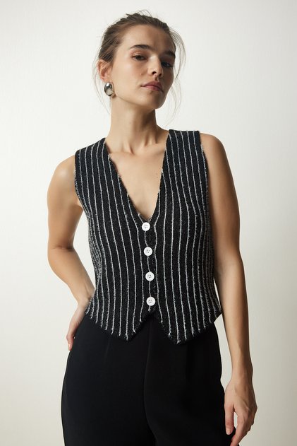 Women's Black Striped Raised Knitwear Vest WF00058
