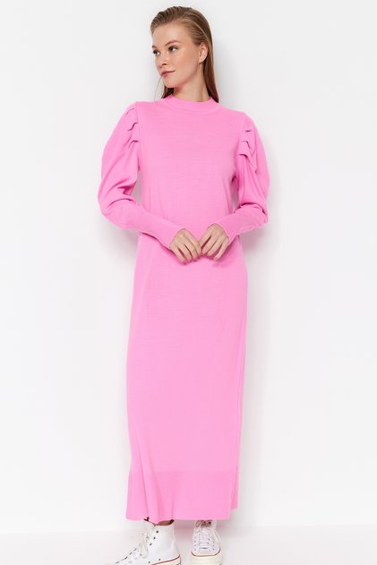 Pembe Astarsız Düz Triko  Ribana/Kaşkorse Elbise TCTAW23EB00047