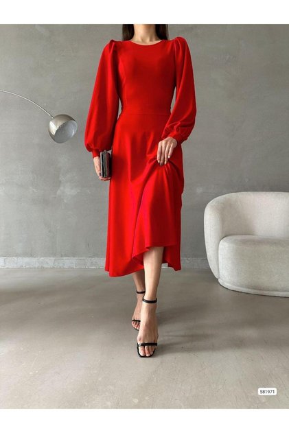 Women's Balloon Sleeve Skirt Detail Imported Crepe Fabric Dress (Colored)