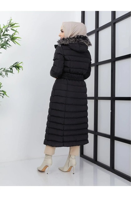 KMKkombin Kadın Tam Boy Uzun Yoğun Elyaflı Kapşonu Kürklü Tesettür