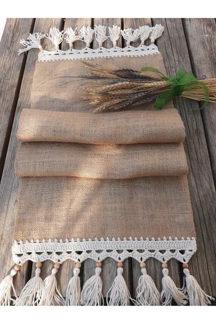 Hand Knitted Macrame Sack Fabric Runner 35x100 (Color CREAM)