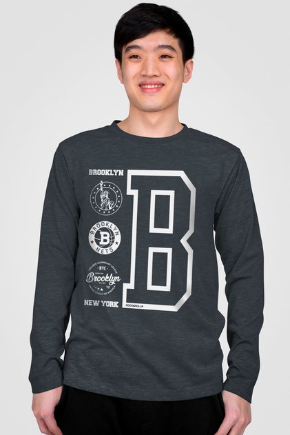 Brooklyn Logo Crew Neck Long Sleeve Anthracite Men's Combed Cotton T-shirt
