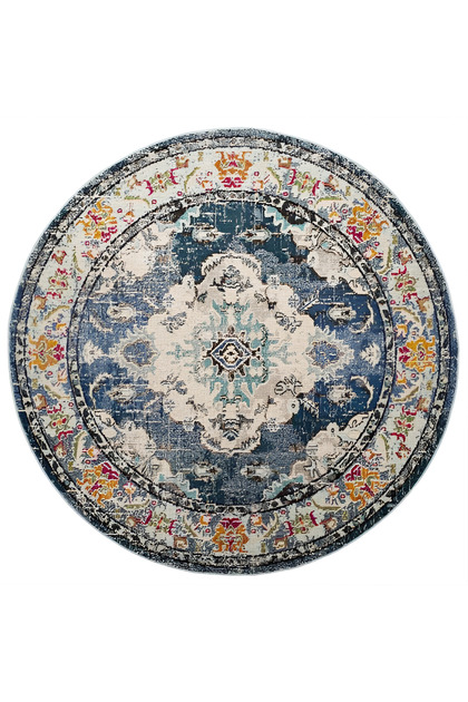 Navy Blue Tone Multi-Colored Traditional Motif Patterned Vintage Woven Base Round Decorative Carpet 2099