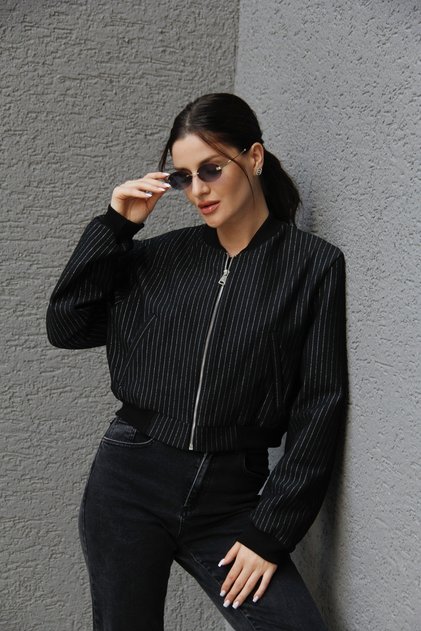 Black Silver Striped Double Pocket Zippered Lined Short Premium Bomber Jacket