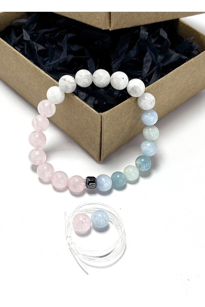 Moon Stone, Aquamarine, Pink Quartz Natural Stone 8 mm Bracelet