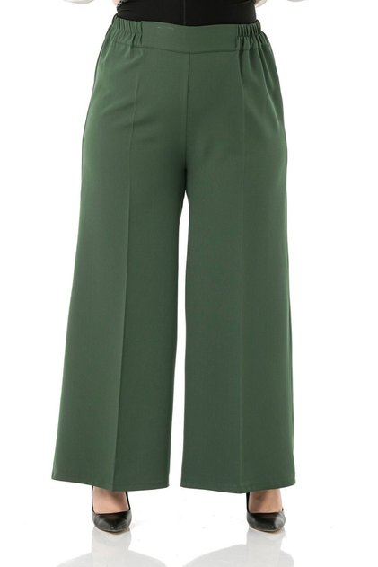 Large Size Mayra Side Pocket Dumbbell Crepe Wide Leg Trousers - Khaki