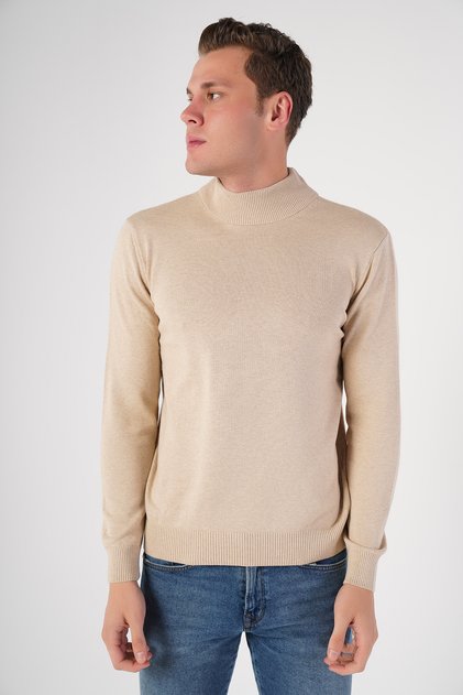 Men's Beige 100% Cotton Half Turtleneck Knitwear Sweater Trist-1104