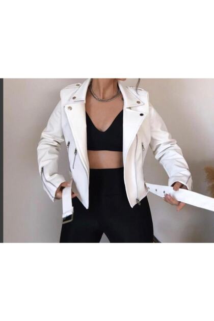 Damen-Lederjacke in Ecru mit Reißverschluss und Gürteldetail