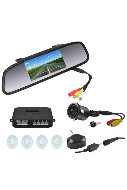 Kameralı Park Sensörü 4.3 '' Ayna Ekranlı Beyaz Sensör Full Set