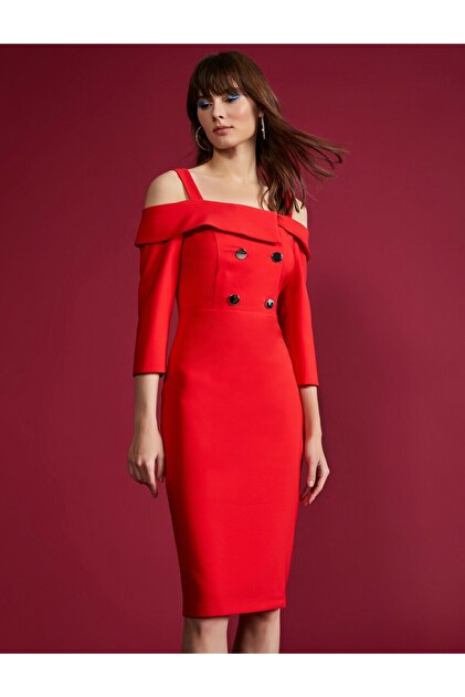 Koton Kadın Kırmızı Omzu Açik Elbise - 2