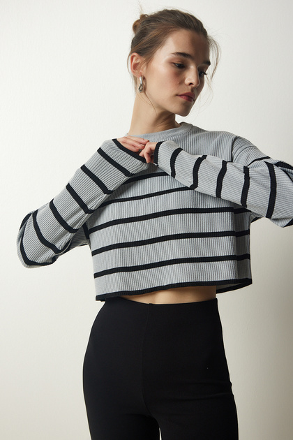Women's Gray Ribbed Striped Crop Knit Sweater PF00048