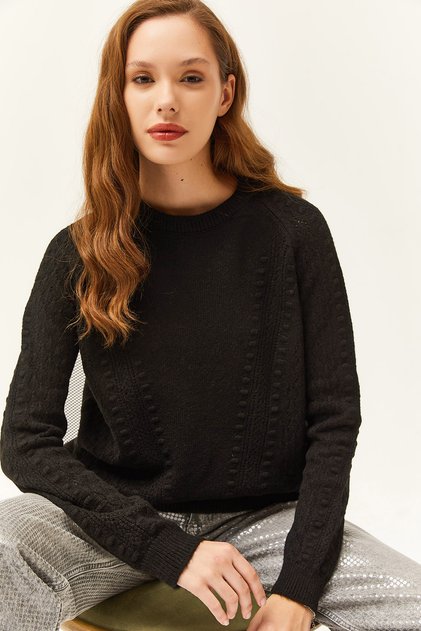 Women's Black Tiny Pompom Soft Textured Knitwear Sweater KZK-19000689