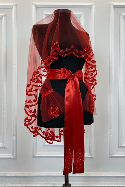Red Bridal Veil Set, Glass Beads and Sequins Printed Henna Veil Set 6 Pieces