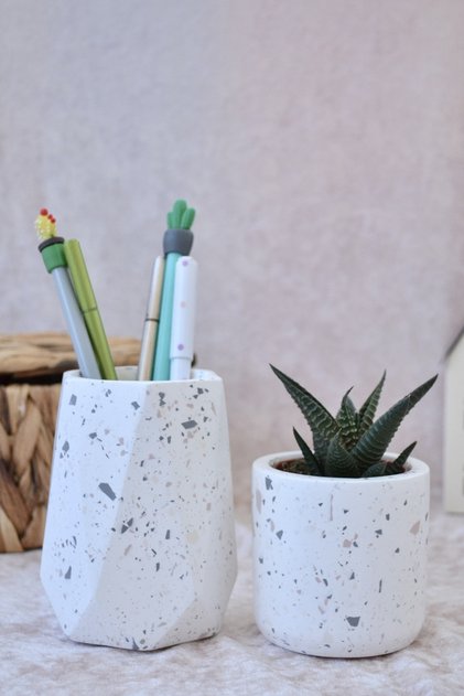 Terrazzo Triple Office Set| Geometric Pen Holder Potted Plant| Desktop Organizer