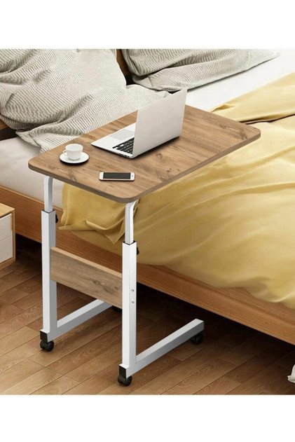 Laptop and Service Table with Adjustable Height - Atlantic Pine White (with Wheels) Oval Edge