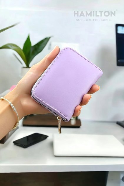 Original Women's Card Holder Lilac Wallet with Coin Compartment Zippered Soft Leather Stylish Mini Card Holder