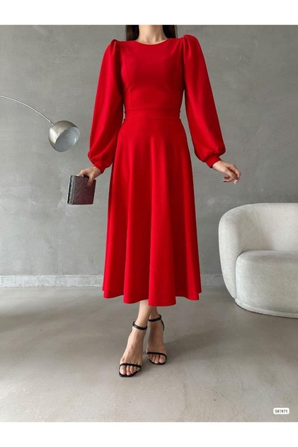 Women's Balloon Sleeve Skirt Detail Imported Crepe Fabric Dress (Colored)