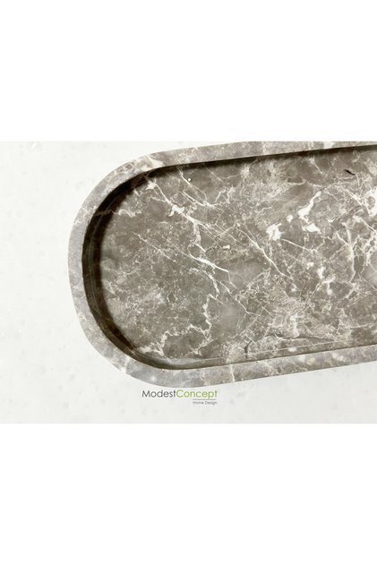 Doğal Gri Mermer Oval Tepsi, Banyo Düzenleyici, Sunum Tabağı, Gri Mermer Düzenleyici