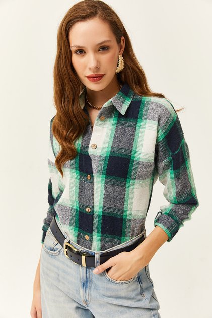 Women's Navy Blue Green Plaid Lumberjack Shirt
