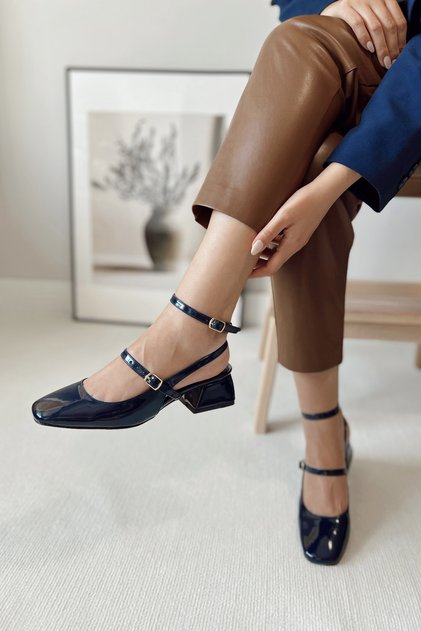 Women's Mary Jane Navy Blue Patent Leather Open Back Square Toe Helmet Short Block Heeled Shoes