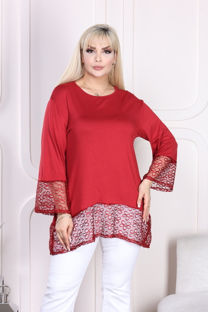 CLARET RED ASYMMETRIC BLOUSE WITH LACE ON SLEEVES AND SKIRT