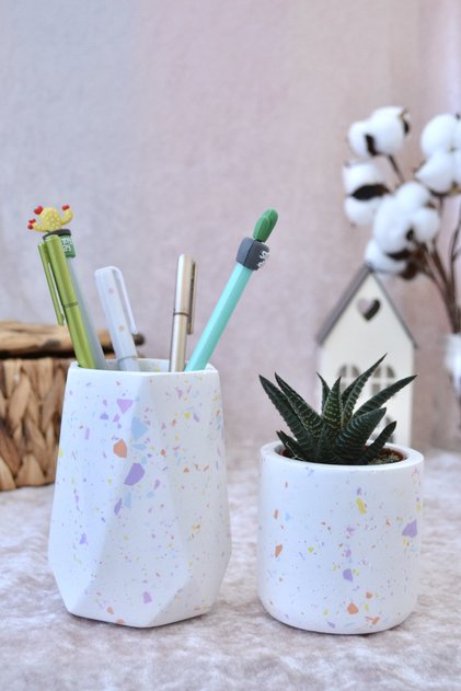 Terrazzo Triple Office Set| Geometric Pen Holder Potted Plant| Desktop Organizer