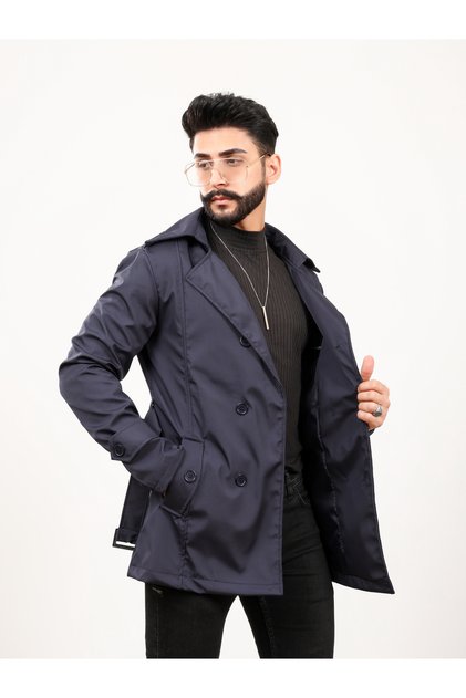 Erkek Slim Fit Kemer Detaylı Kruvaze Trençkot