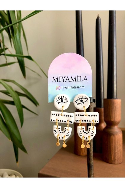 Bohemian Striped Black Eye Themed Polymer Earrings with Steel Accessories