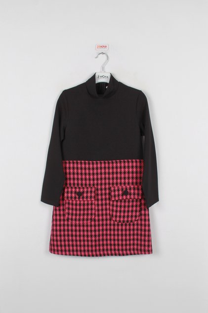 Girl's Fuchsia Dress with Houndstooth Detail