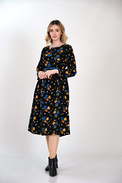na Divitin Flannel to Black Floor Blue Floral Winter Dress- Trendyol