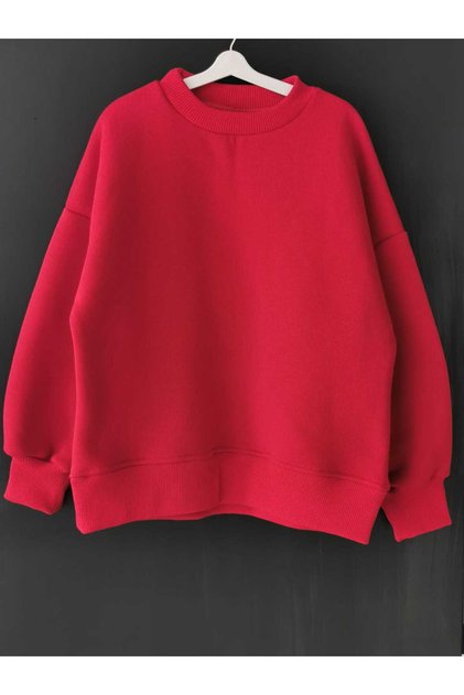 Kırmızı 3 Iplik Şardonlu Unisex Önü Kısa Arkası Yırtmaçlı Sweatshirt