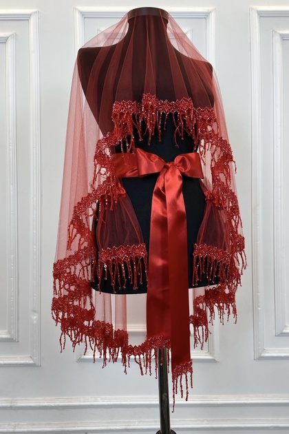 Red Bridal Veil Set, Crystal Bead Embroidered Henna Veil Set 6 Pieces