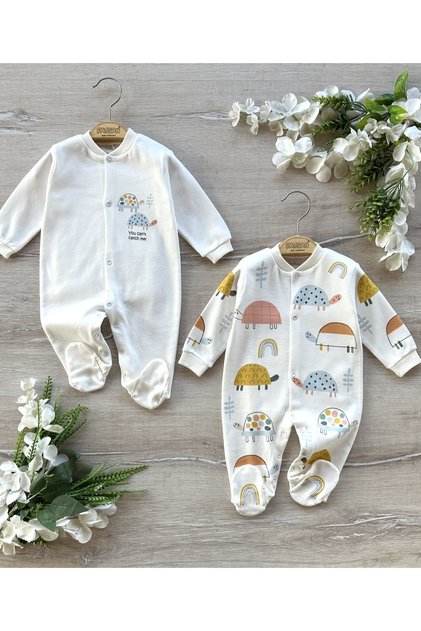 2-Piece Organic Cotton Baby Booties Rompers Set Colorful Turtles
