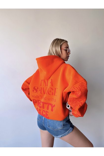 Women's Oversize Printed Fleece Inside Three Thread Loose Hooded Hoodie Sweatshirt Orange