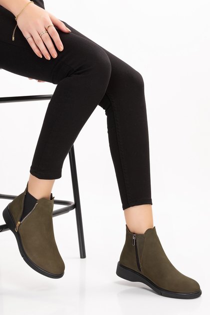 Genuine Leather Nubuck Zippered Daily Boots esfa.3539 - Khaki - 37