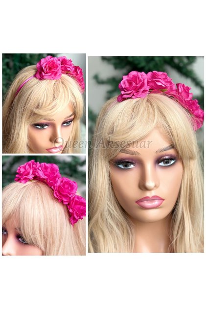 Special Design Artificial Side Rose with Row Flowers Engagement Henna Special Day Women's Children's Crown Fuchsia Pink Crown